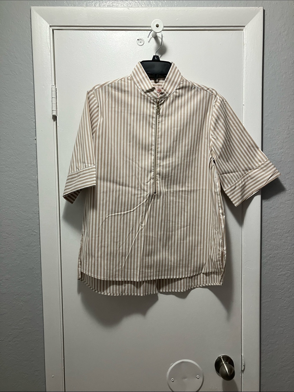 Jude Connally Beige and White Striped Short-Sleeve Blouse